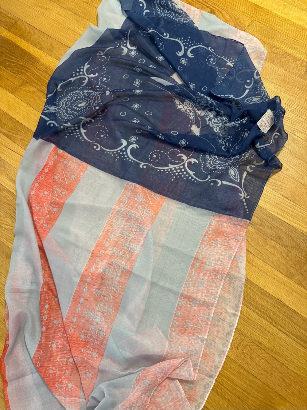 Free People Navy and Coral Patterned Lightweight Scarf
